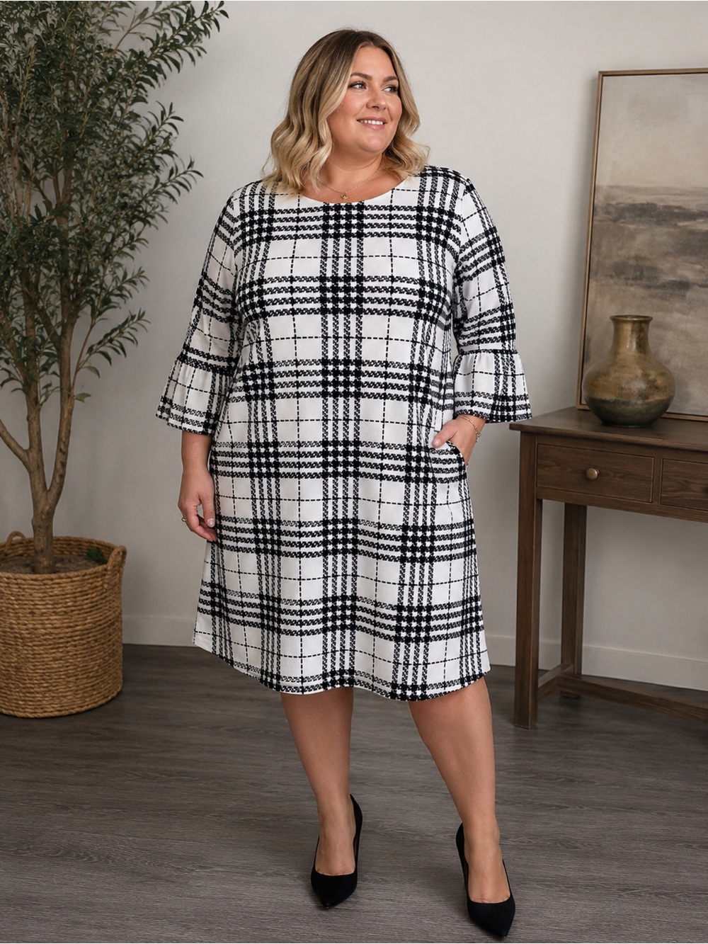 Classic Black & White Plaid Shift Dress plus size